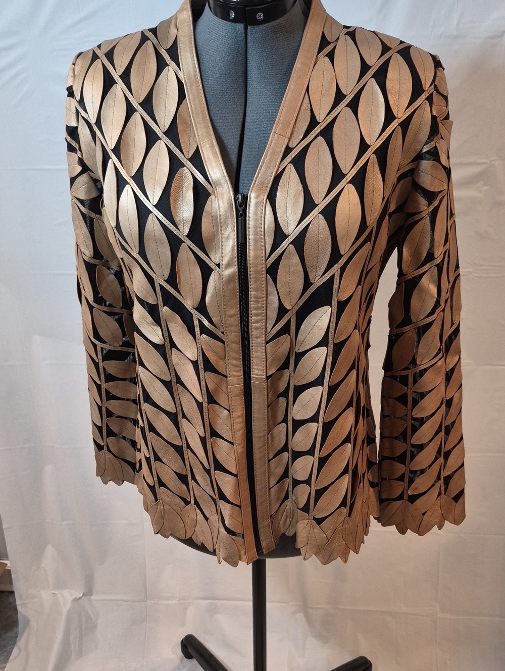 Women's Black Jacket with Leather Metallic Gold Leaf Motif XL